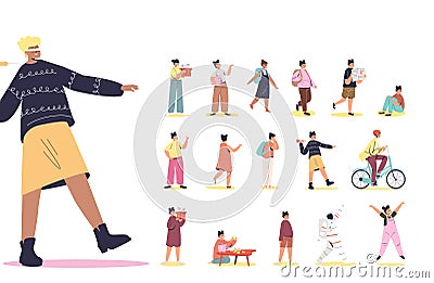 Set of cartoon girl with blindfolded closed eyes walking clothes in lifestyle situations and poses Vector Illustration