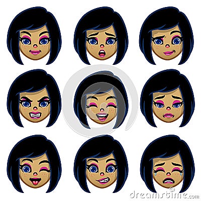 Set of cartoon girl head with various face expression Vector Illustration