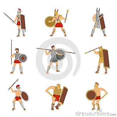 Set of roman warriors fighting with different weapons isolated on white background. Vector Illustration