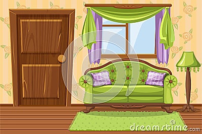 Set cartoon Green Vintage cushioned furniture, Living room Vector Illustration