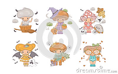 Set of Cartoon Halloween Mushroom. Collection of Cute Vector Halloween Mushroom Illustrations. Vector Illustration