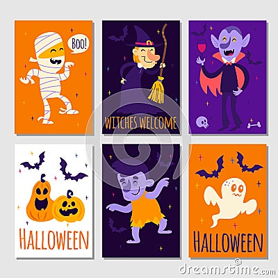 Set of cartoon Halloween posters, cards, invitation Vector Illustration