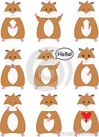 Set of cartoon hamster characters, different emotions. Vector Illustration