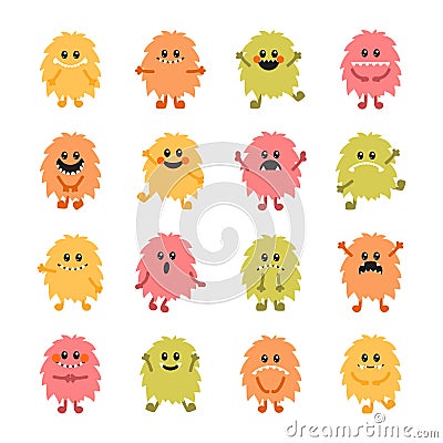 Set of cartoon hand drawn smiley monsters. Collection of different cute fluffy monsters characters Vector Illustration