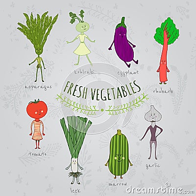 Set of cartoon hand drawn vegetables characters Vector Illustration