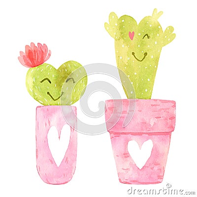 Set of cartoon hand drawn watercolor cactus in pots Stock Photo