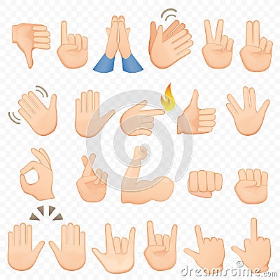 Set of cartoon hands icons and symbols. Emoji hand icons. Different hands, gestures, signals and signs, vector Vector Illustration