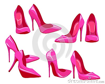 Set of cartoon high heel shoes. Vector women's pink pumps isolated on white Vector Illustration