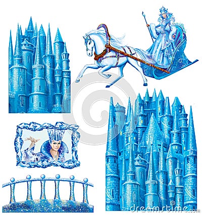 Set cartoon house for fairy tale Snow Queen written by Hans Christian Andersen Stock Photo