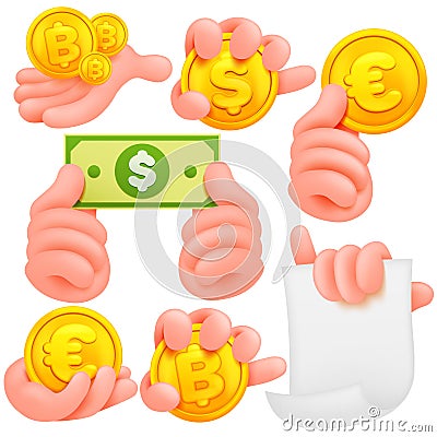 Set of cartoon human hands. Cartoon and vector isolated objects. Collection of various gestures. Dollar, bitcoin, euro Cartoon Illustration