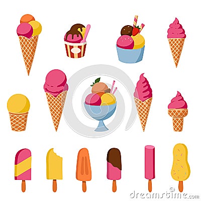 Set of cartoon ice cream. All types of delicious ice sweets. Isolated icons for the summer menu. Minimal elegant Vector Illustration