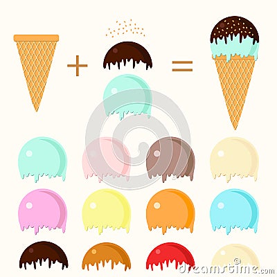 Set of cartoon icons. Ice cream scoops in different colors and waffle cone Vector Illustration