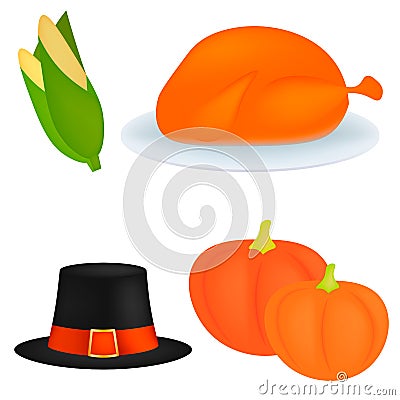 Set of cartoon icons for thanksgiving dinner is roast Turkey Cartoon Illustration