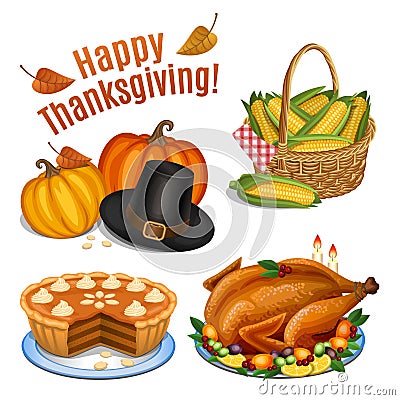 Set of cartoon icons for thanksgiving dinner, roast Turkey Vector Illustration