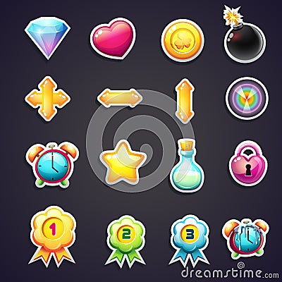 Set of cartoon icons for the user interface of computer games Vector Illustration