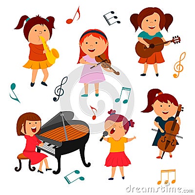 a set of cartoon illustrations of children musicians, girls with musical instruments. vector Vector Illustration