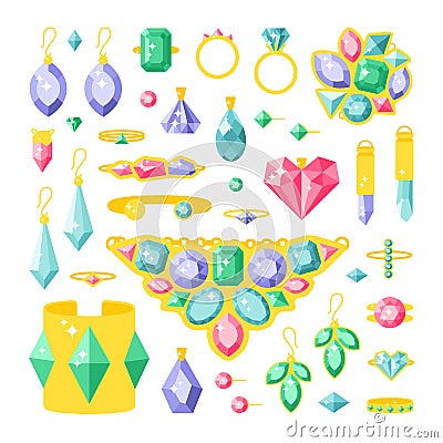 Set of cartoon jewelry accessories items vector illustration. Vector Illustration