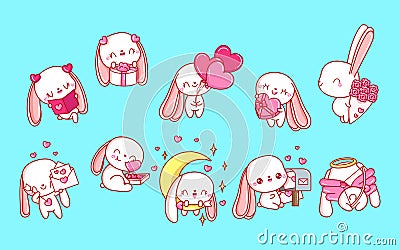 Set of Cartoon Kawaii Bunny Illustrations in Love. Collection of Cute Vector Isolated Baby Rabbit . Vector Illustration