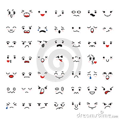 Set of cartoon kawaii faces, different emotions. Vector Illustration