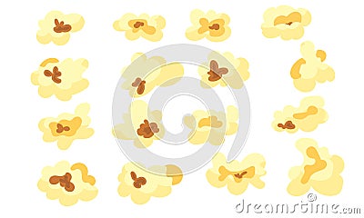 Set cartoon kernels popcorn and pop corn snack. Collection tasty icon grain maize and salty eat. Caramel sweetcorn for movie and Vector Illustration