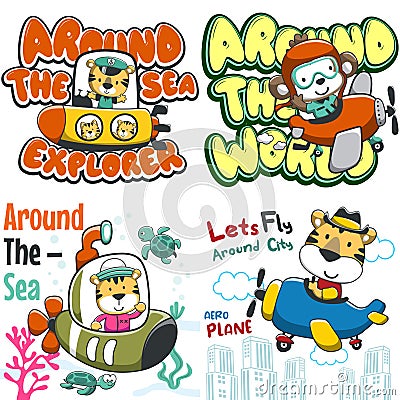 Set of cartoon kid animal activity. monkey and tiger pilot flying on a plane. cute tiger sailing with submarine Isolated objects Vector Illustration