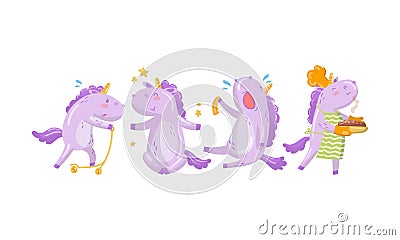 Set of cartoon lilac humanized unicorns. Vector illustration. Vector Illustration