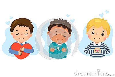 Set of cartoon of little boys hugging themself. Self love, self care, positive, happiness concept Vector Illustration