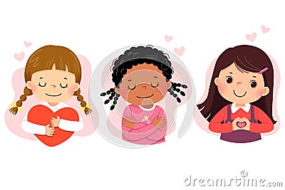 Set of cartoon of little girls hugging themself. Self love, self care, positive, happiness concept Vector Illustration