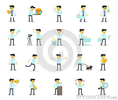 Set cartoon male. Search and dialogues. Working man avocation. Big set character. Man bundle. Collection illustrations Vector Illustration