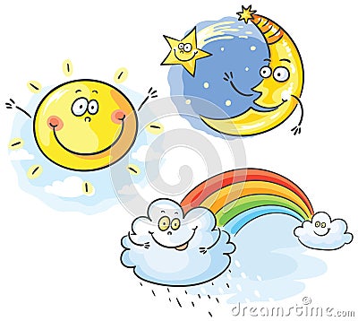 Set of cartoon moon, cloud and sun Vector Illustration