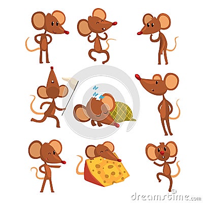 Set of cartoon mouse character in different actions. Running with sweep-net, sleeping, eating cheese, jumping, winking Vector Illustration