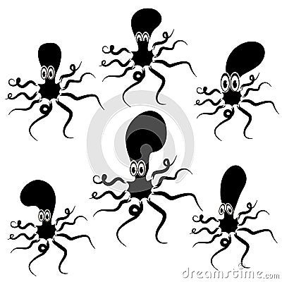 Set of Cartoon Octopus Silhouettes Vector Illustration