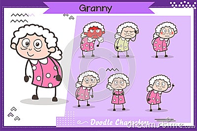 Set of Cartoon Old Grandma Character Various Expressions Vector Illustration Stock Photo