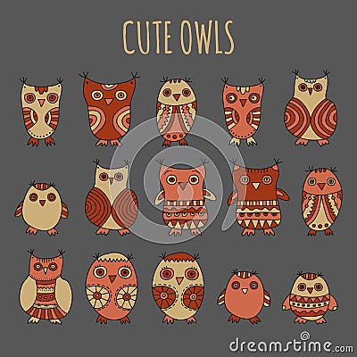 Set of cartoon owls and owlets in warm colors on a grey background Vector Illustration