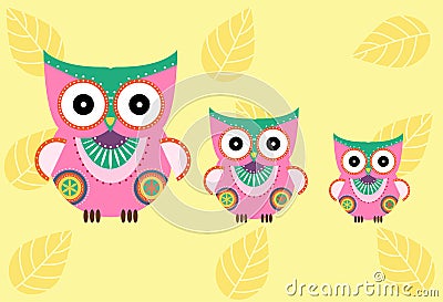 Set of cartoon owls on yellow background ,Vector illustrations Stock Photo