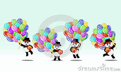 Set of cartoon panda bear with birthday balloons and gifts. Birthday background. Vector Illustration