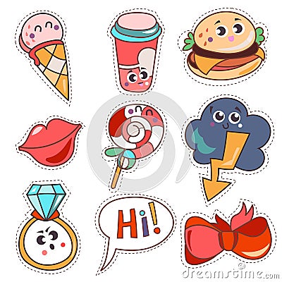 Set cartoon patch badges or fashion pin Vector Illustration