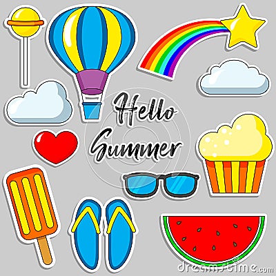 Set of cartoon patch badges. Hello Summer. Photo about clouds, rainbow, stars, glasses, watermelon, Ice cream. Vector isolated ill Cartoon Illustration