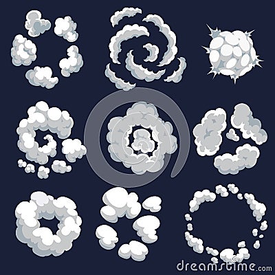 Set of cartoon pattern of smoke clouds. Bomb blast. Comic vector fog puff. Steam clouds, watery vapours or dust Vector Illustration