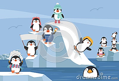 Set of cartoon Penguins winter north pole arctic Vector Illustration