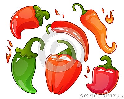 A set of cartoon peppers of various shapes and colors. Vector Illustration