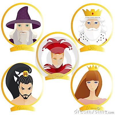 Set of cartoon personages from fairy tales. Princess. King. Magician. Jester. Warrior. Vector Illustration
