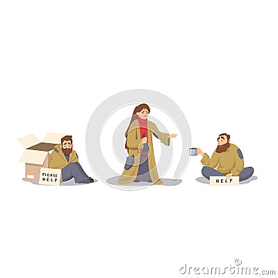 Set of cartoon poor hungry people asking food and money isolated on white Vector Illustration