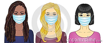 Set of cartoon portraits women of different appearance and nationality in medical masks. Vector Illustration