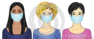 Set of cartoon portraits women of different appearance and nationality in medical masks. Vector Illustration