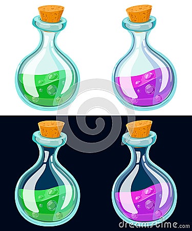 Set of Cartoon Potion Bottle. Glass flasks with colorful liquids isolated on background. Vector Illustration