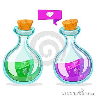 Set of Cartoon Potion Bottle. Glass flasks with colorful liquids isolated on a white background. Vector Illustration