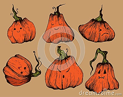 Set cartoon pumpkins with face,happy, crazy in different forms, isolated. Happy Halloween collection pumpinks for design Vector Illustration