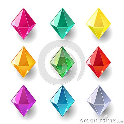 Set of cartoon pyramidal different color crystals Vector Illustration