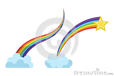 Set of cartoon rainbows with clouds and a star Vector Illustration